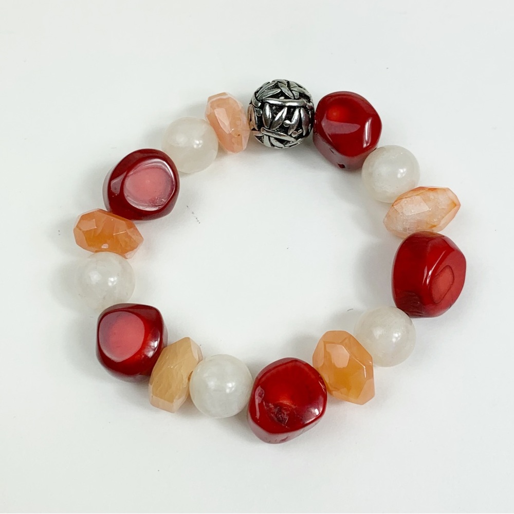 Coral and Orange and White Agate Bead Stretch Bracelet